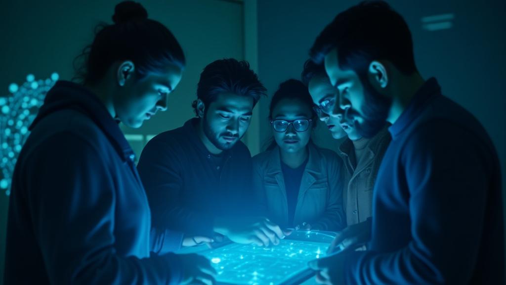 Team of diverse developers collaborating on a complex digital interface project.