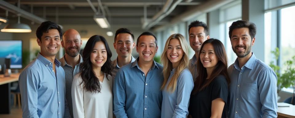 Diverse team of Mugen Dial employees smiling and collaborating in a modern office space.